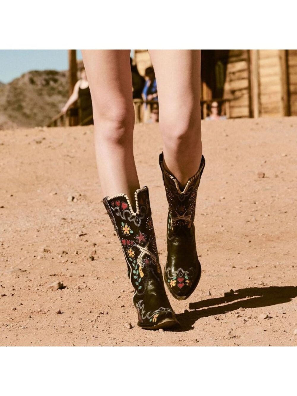 Women's Black Swallow Chunky Low Heels Western Cowboy Knee High Boots - Picture 3 of 6